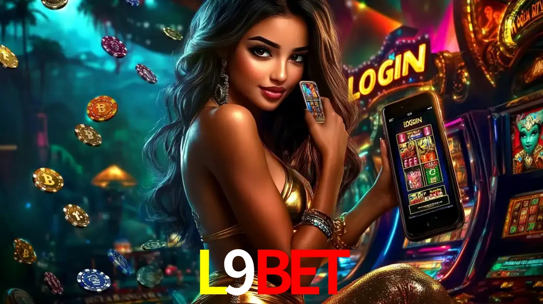 Mulher em um cenário de cassino temático de aventura, mostrando o app de caça-níqueis da L9BET no celular. Fichas de apostas flutuam ao redor.